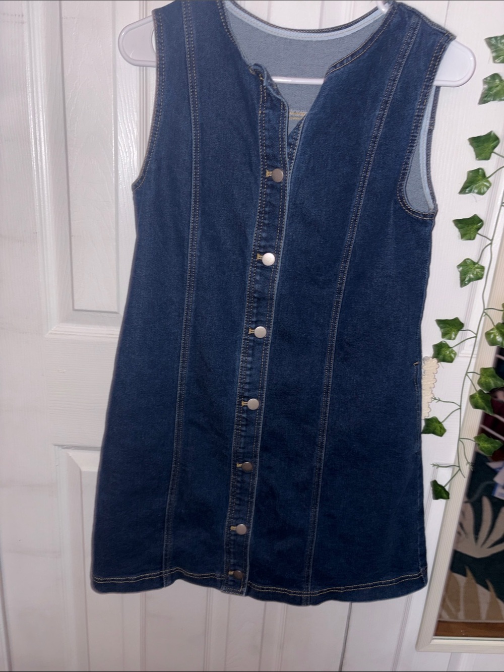 Sleeveless Button-Front Denim Dress - Dark Blue